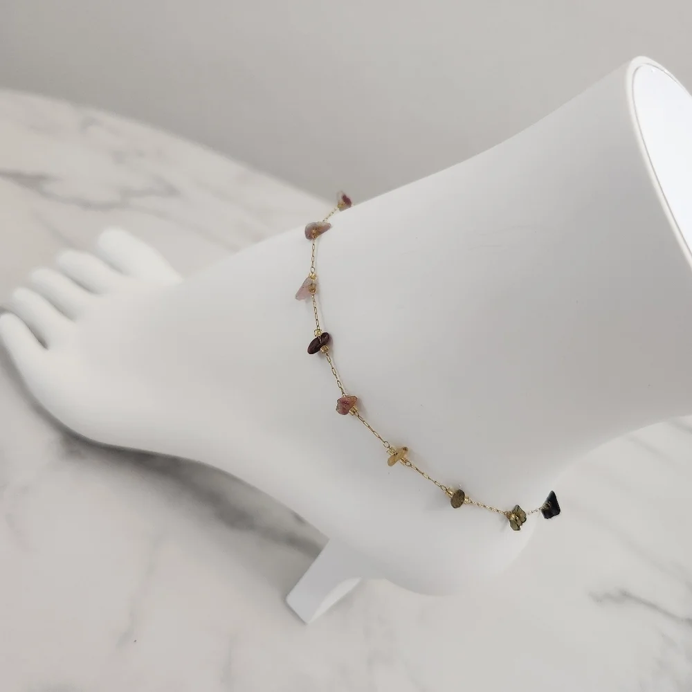 Minimalist Multicolor Dainty Stones 18K Gold Plated Anklet - Picture 5 of 15